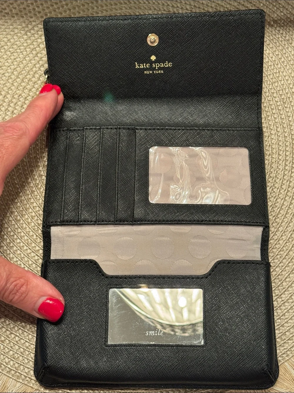 kate spade Black Saffiano Leather Wristlet Clutch with Gold Logo